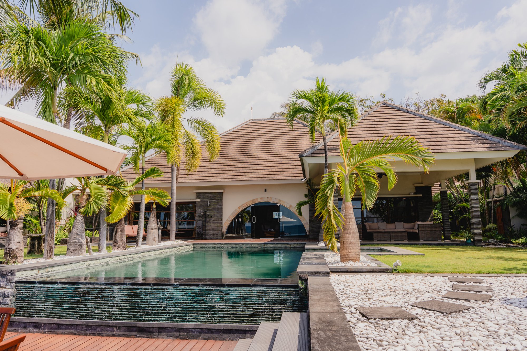 Villa garden and thatched pavilion